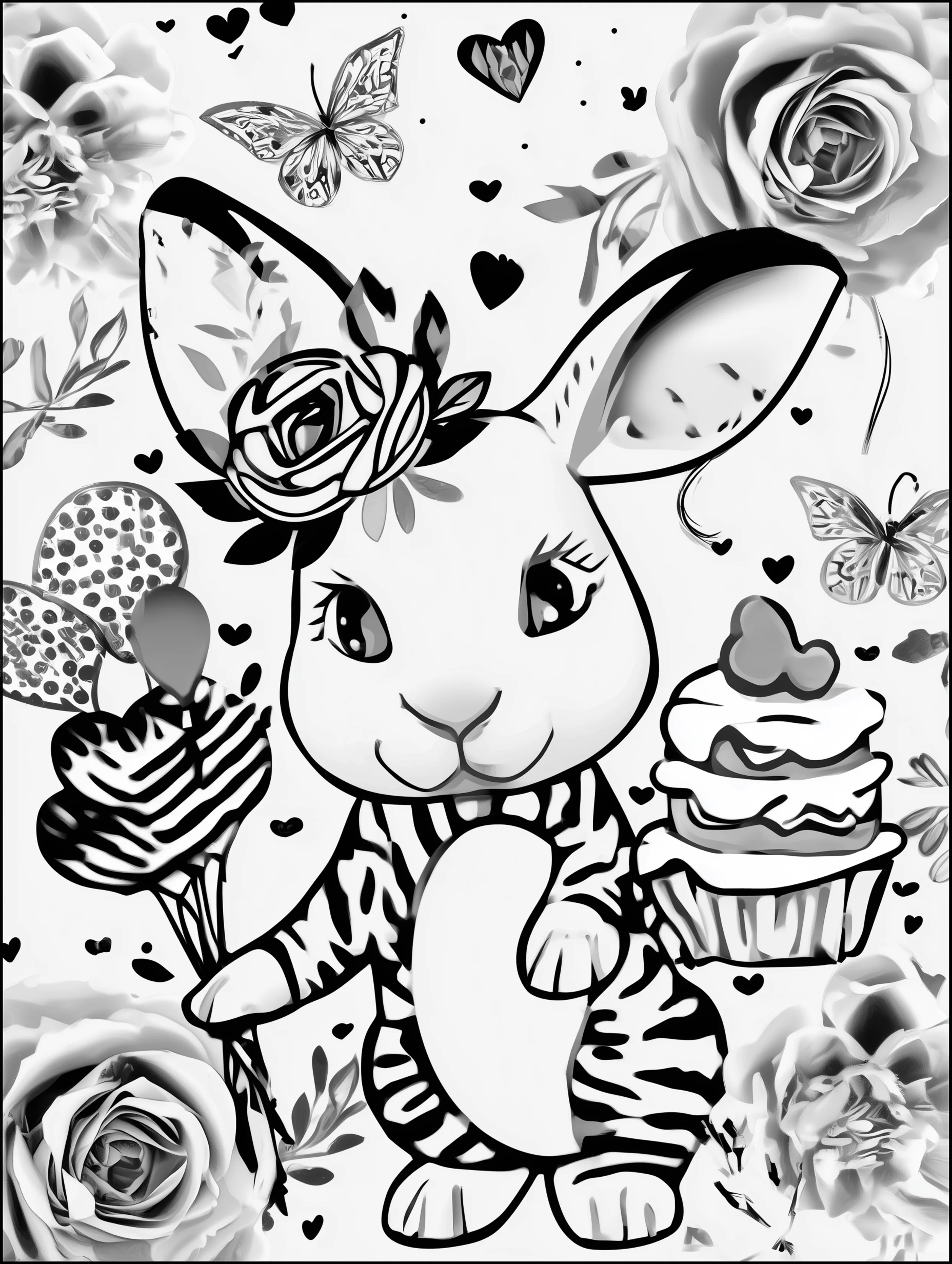Free printable rabbit coloring page for adults featuring a bunny with balloons